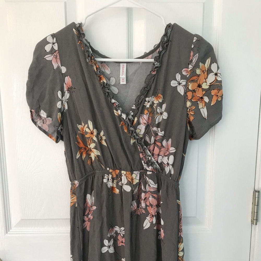 gray floral wrap dress